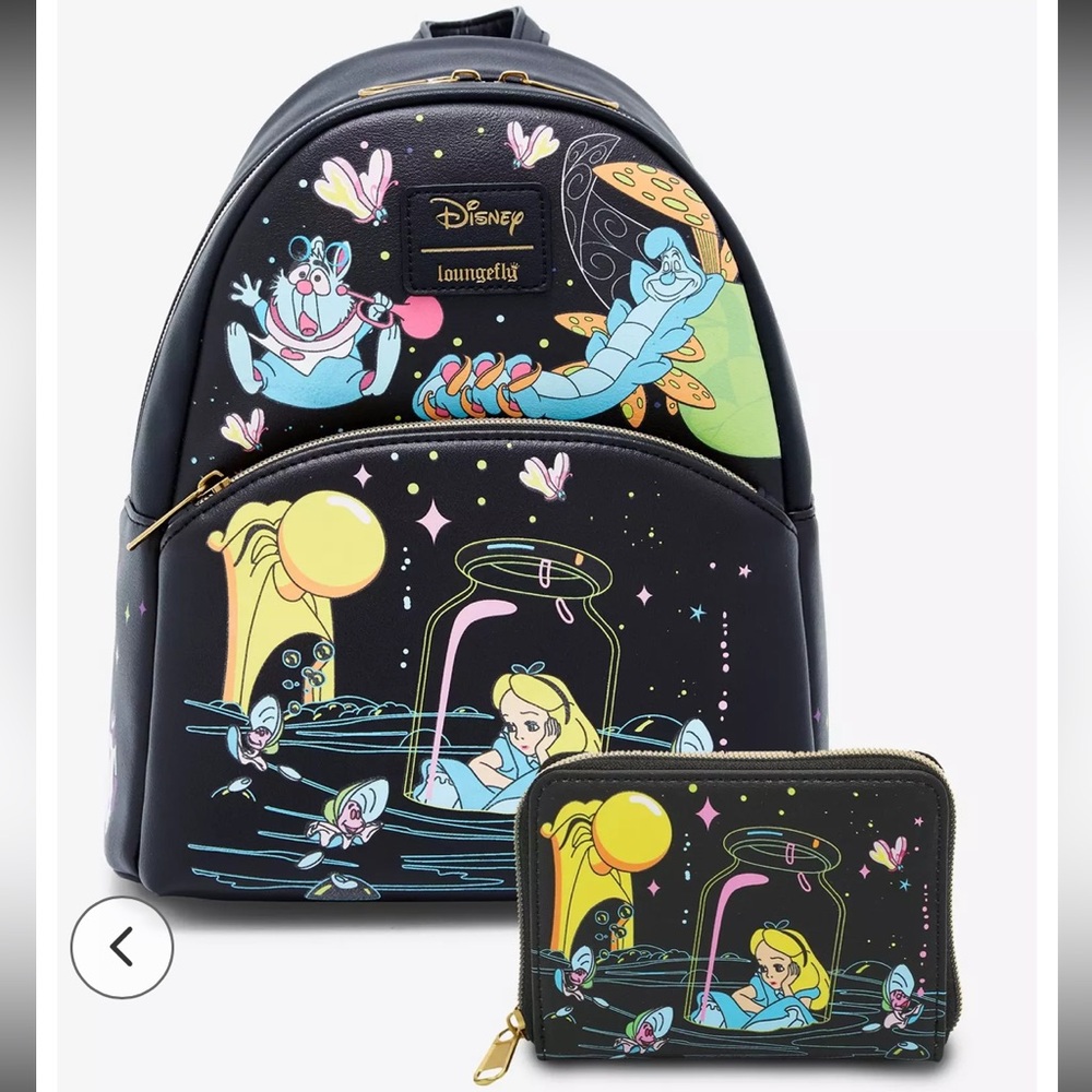 Loungefly NWT Alice In Wonderland Glow-In-The-Dark  Mini Backpack w/wallet